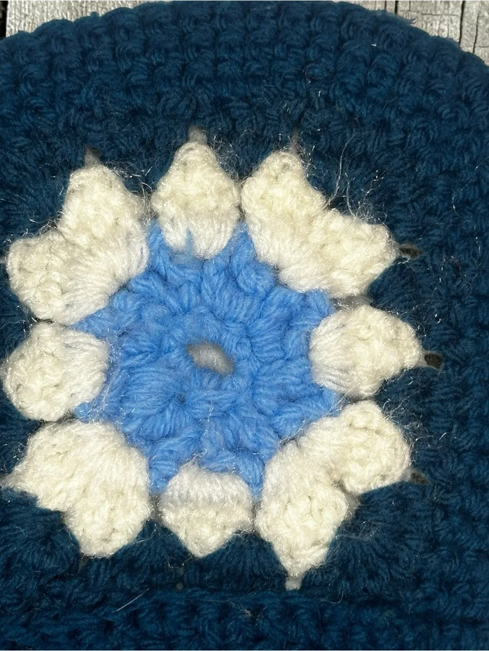 Vintage Crochet Afghan Blanket Navy Blue White Floral Granny Square 40x60